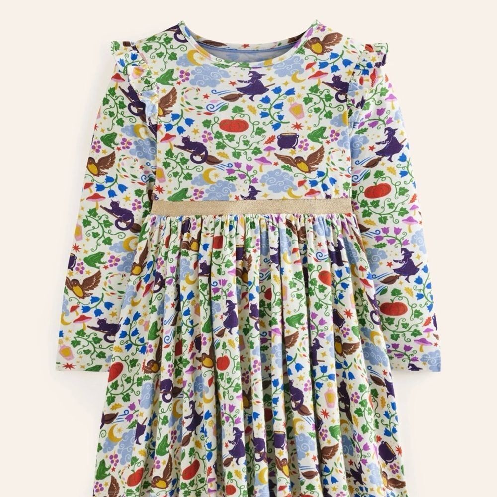 Mini Boden Halloween Print Ruffle Accent Dress Sz 6-7
